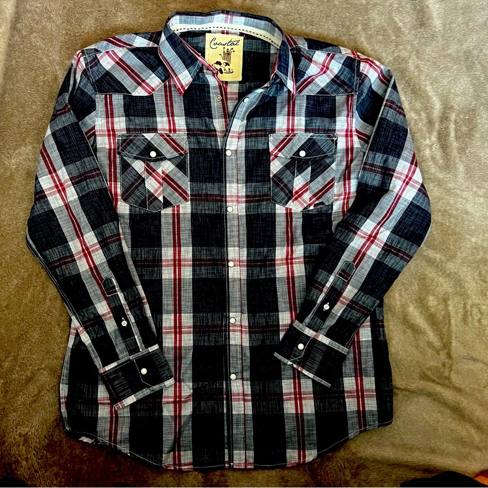 Costal | Shirt | L | Western Plaid, Blue, White, Red with faux Pearl buttons